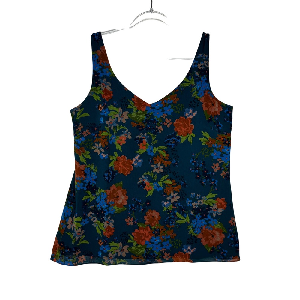 Cabi Floral V-Neck Camisole Women Size L Teal Blue‎ Orange Chiffon Tank Top